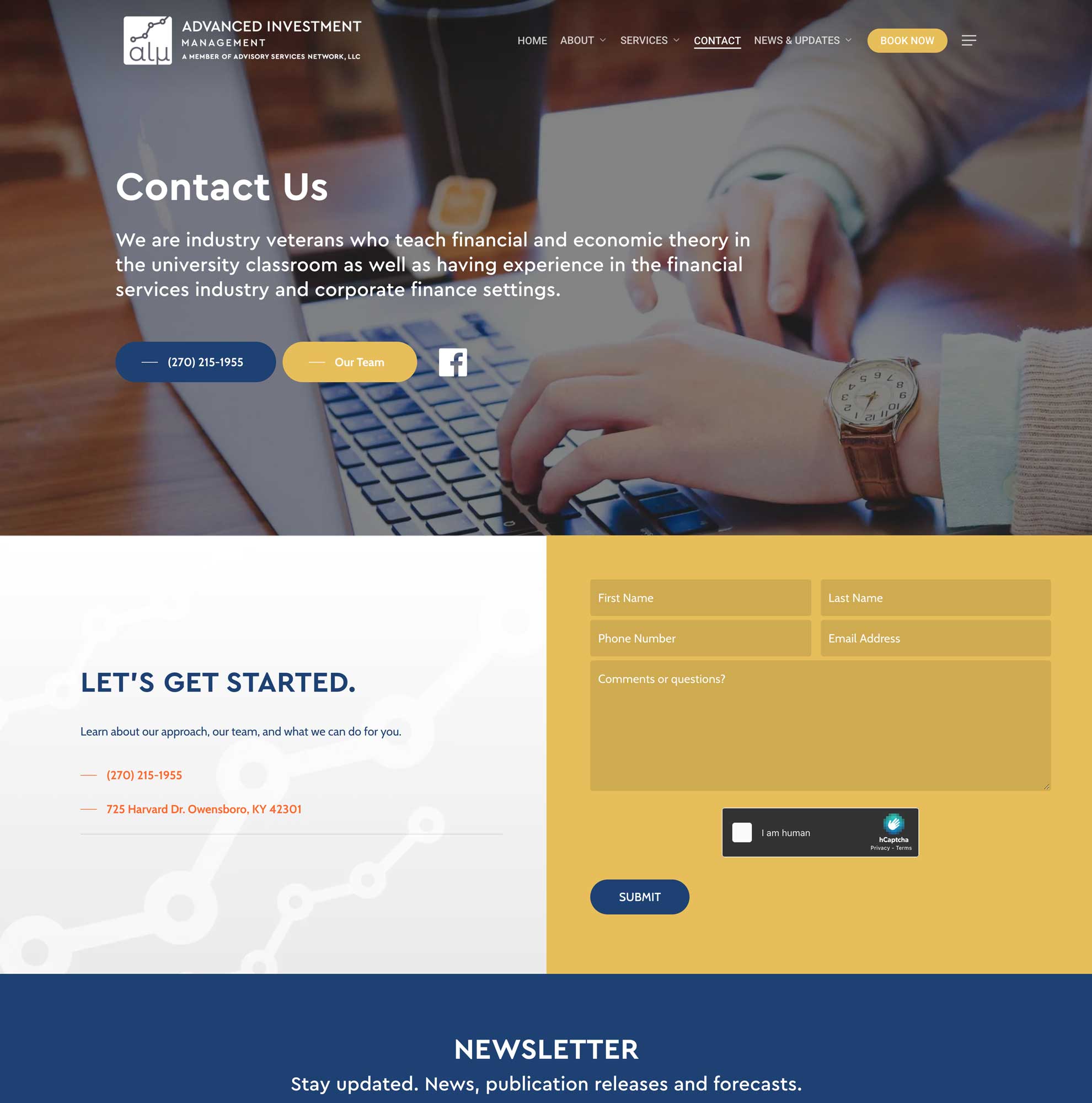 Screenshot of the contact page layout for the Advanced Investment Management Website by CRFTD Development & Consulting in Kentucky