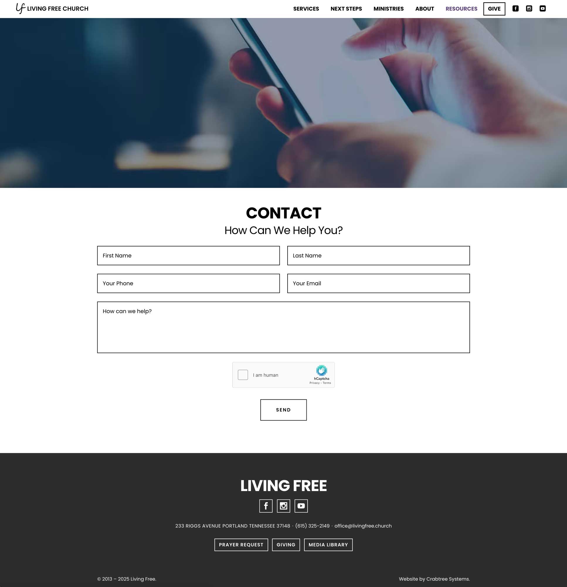 Screenshot of the contact page layout for the Living Free Fellowship Website by CRFTD Development & Consulting in Kentucky