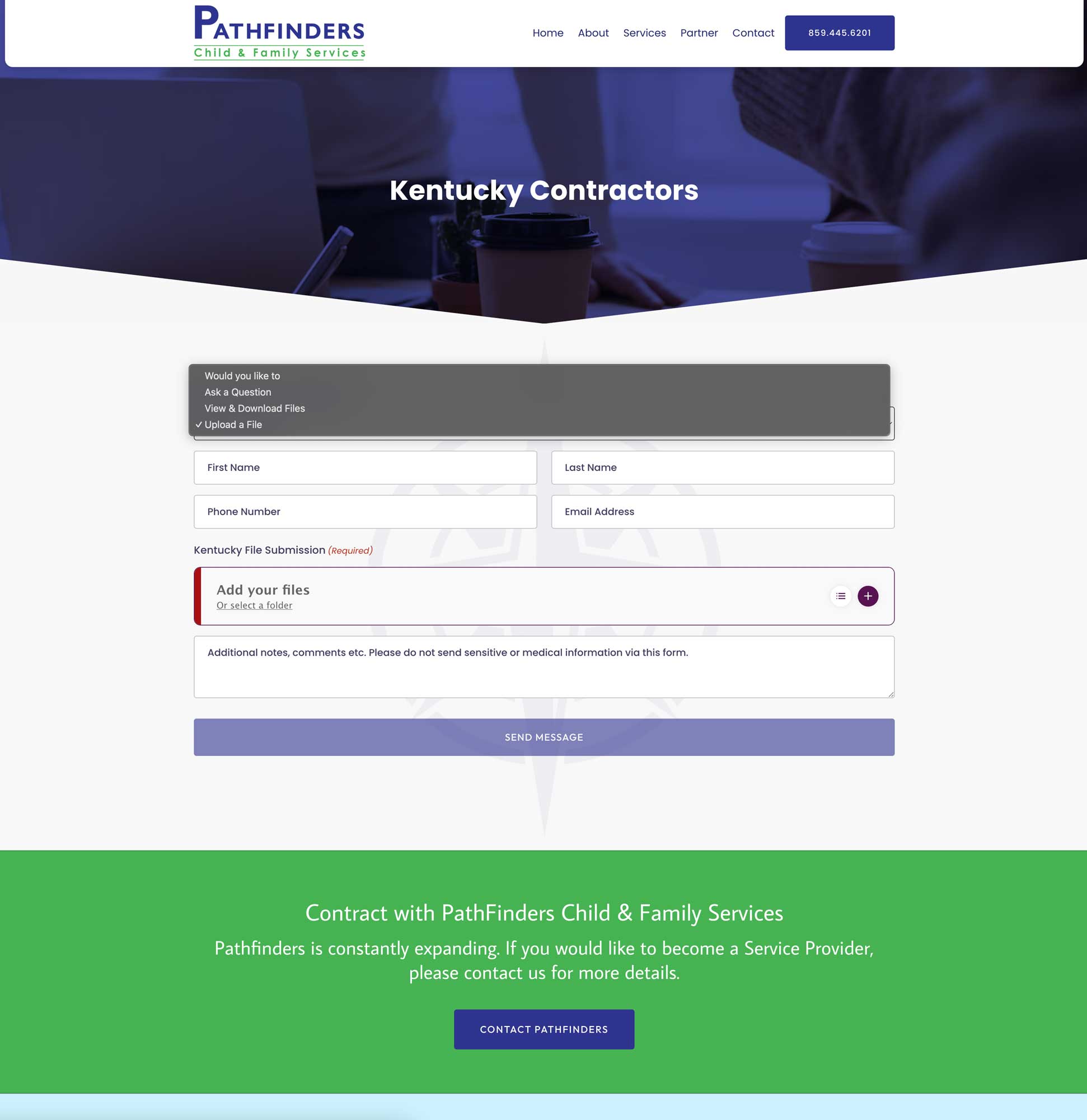 Screenshot of custom form development on PathFinders' Website by CRFTD Development & Consulting in Kentucky