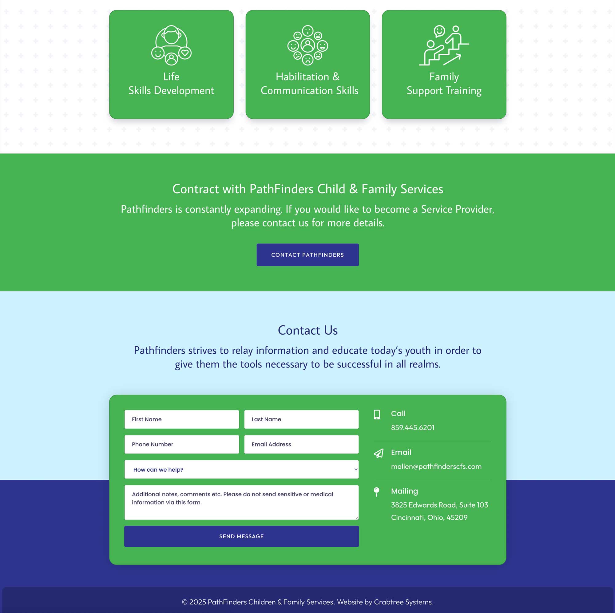 Screenshot of a page layout on PathFinders' Website by CRFTD Development & Consulting in Kentucky