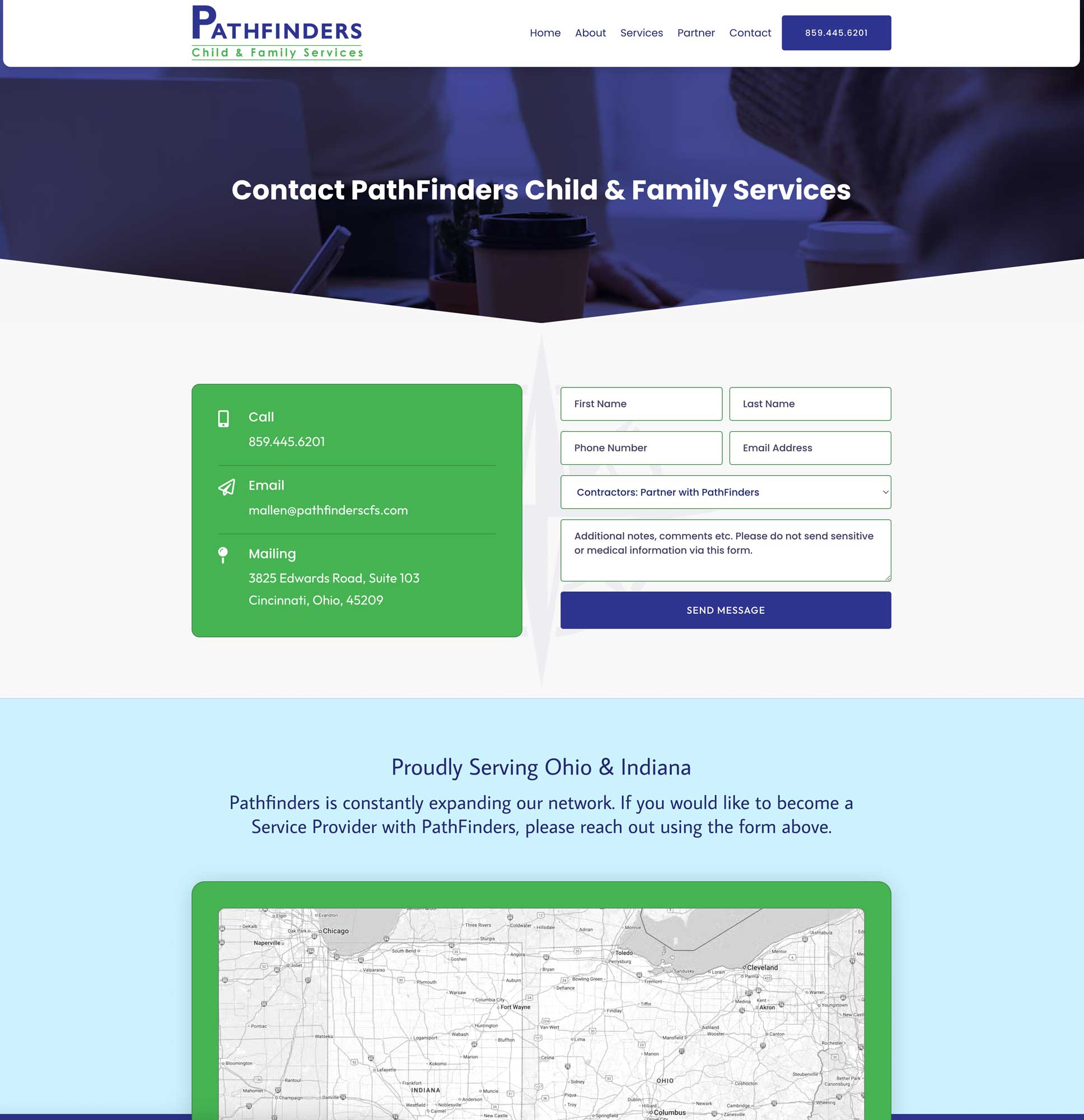 Screenshot of a contact page layout on PathFinders' Website by CRFTD Development & Consulting in Kentucky