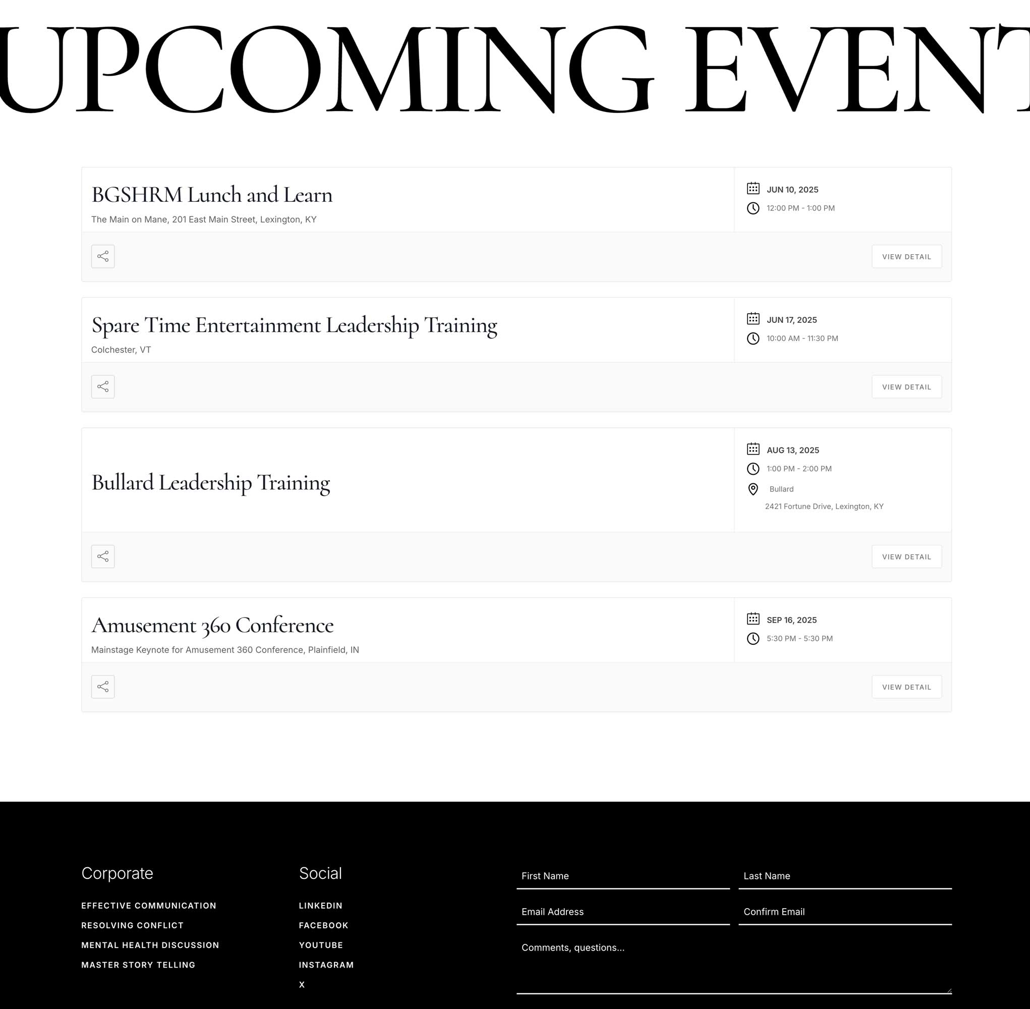Screenshot of Upcoming Events page from Scott Harvey's Website by CRFTD Development & Consulting in Kentucky
